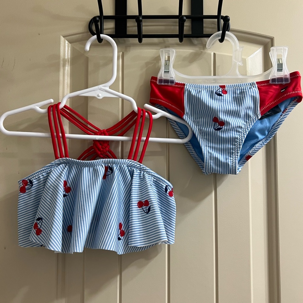 Girls Tommy Hilfiger 2-Piece Cherry Bathing Suit. Size 4T. Red White & Blue